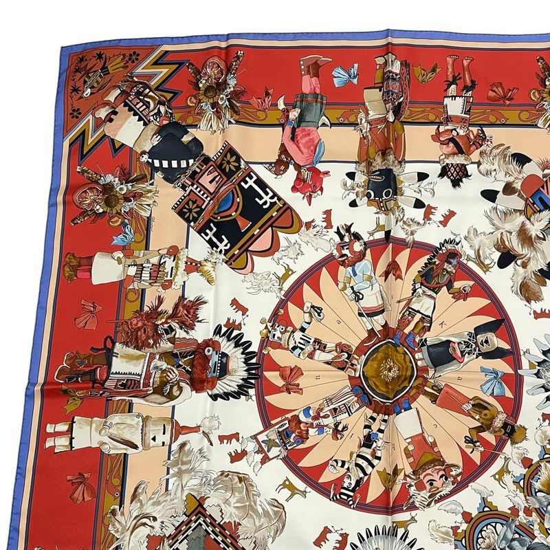 HERMES Scarf Silk Carre 90 Kachinas Ethnic Red Box Included
