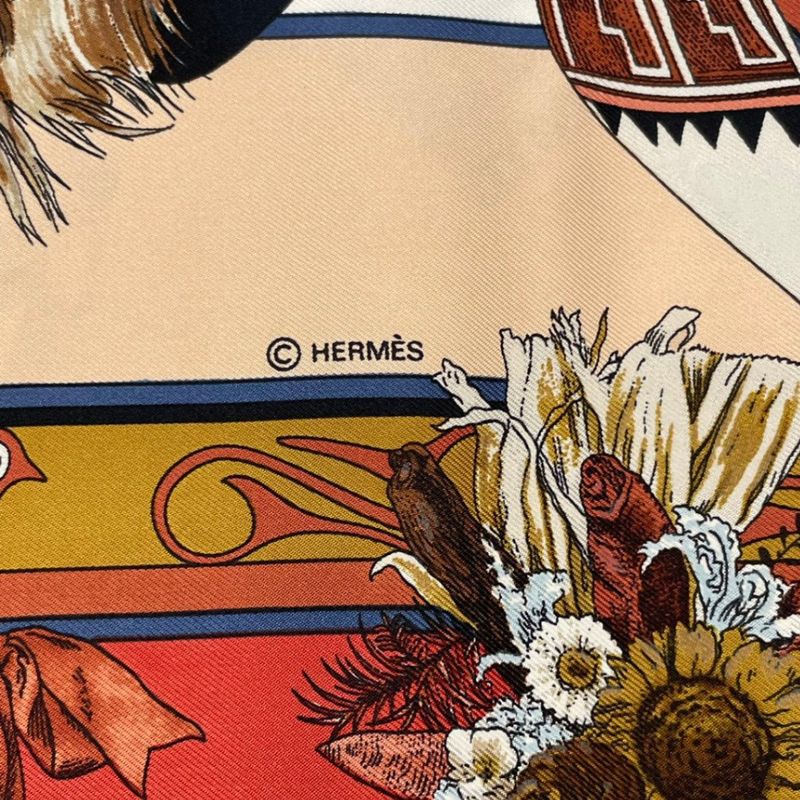 HERMES Scarf Silk Carre 90 Kachinas Ethnic Red Box Included