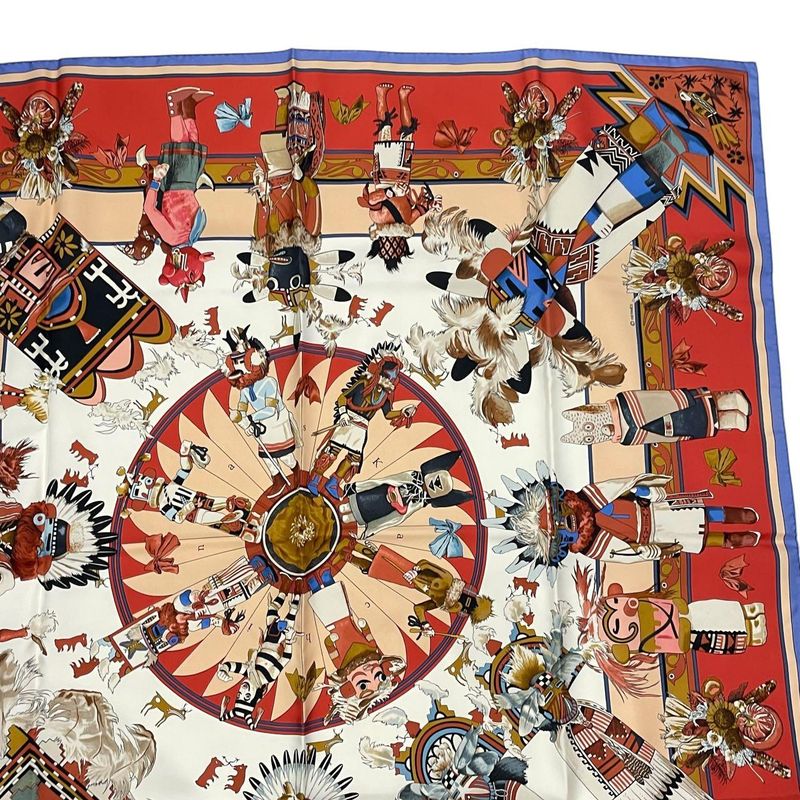 HERMES Scarf Silk Carre 90 Kachinas Ethnic Red Box Included