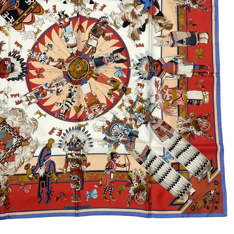 HERMES Scarf Silk Carre 90 Kachinas Ethnic Red Box Included