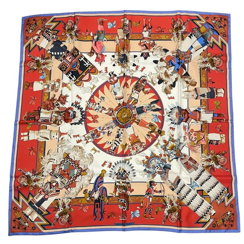 HERMES Scarf Silk Carre 90 Kachinas Ethnic Red Box Included
