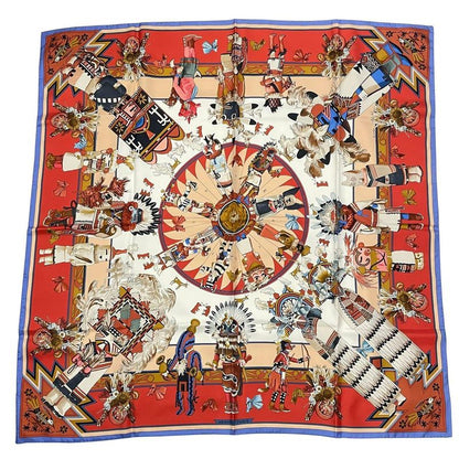 HERMES Scarf Silk Carre 90 Kachinas Ethnic Red Box Included
