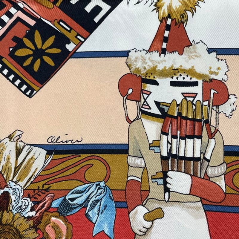 HERMES Scarf Silk Carre 90 Kachinas Ethnic Red Box Included