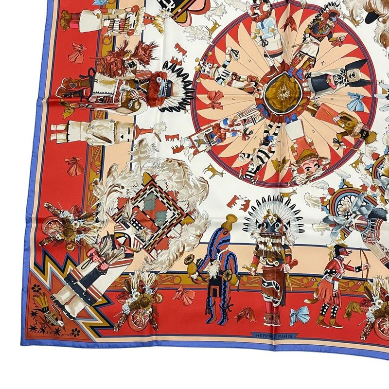 HERMES Scarf Silk Carre 90 Kachinas Ethnic Red Box Included
