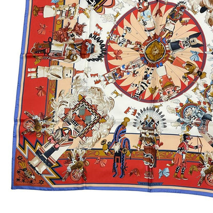 HERMES Scarf Silk Carre 90 Kachinas Ethnic Red Box Included
