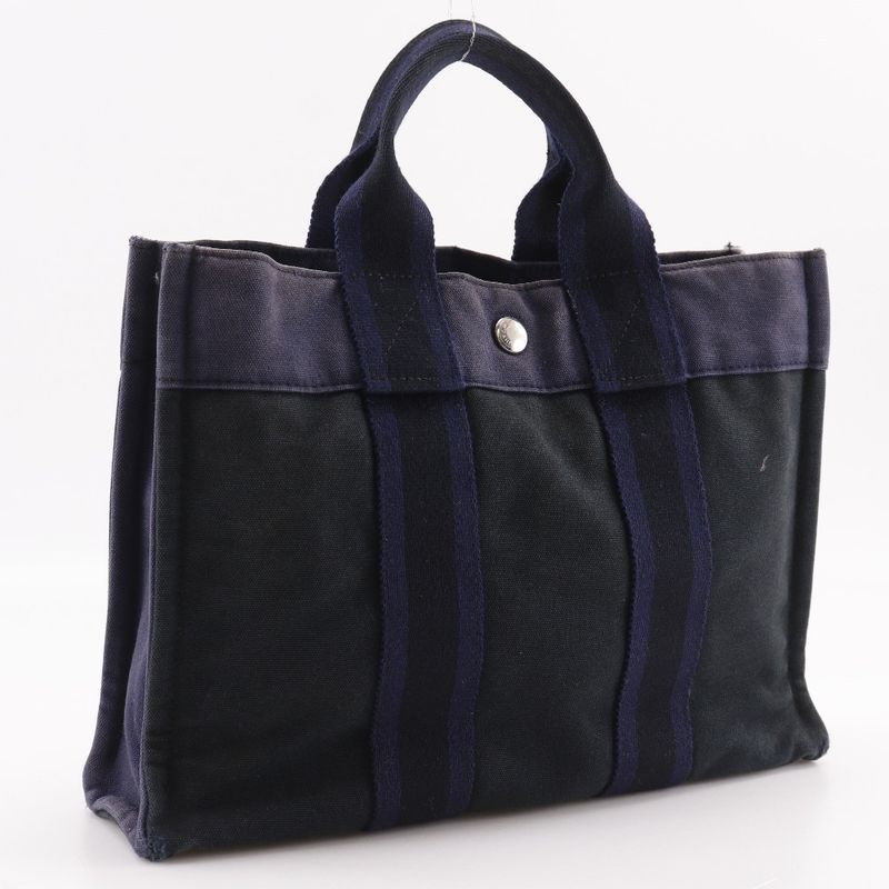 HERMES Sac Fourre Tout PM Cotton Canvas Black Navy Unisex Handbag