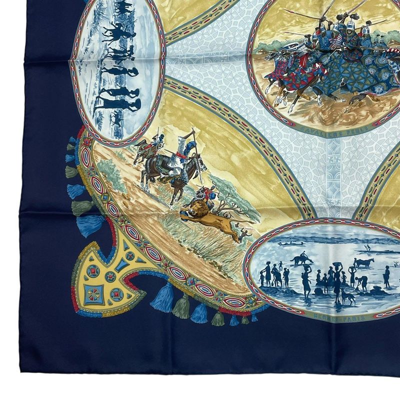HERMES Carre 90 Scarf Silk Cavaliers Peuls Horseman Of The Pool Tribe Navy