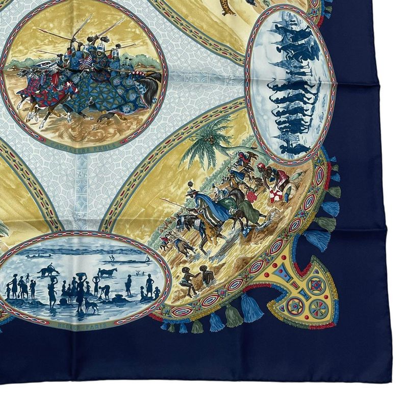 HERMES Carre 90 Scarf Silk Cavaliers Peuls Horseman Of The Pool Tribe Navy