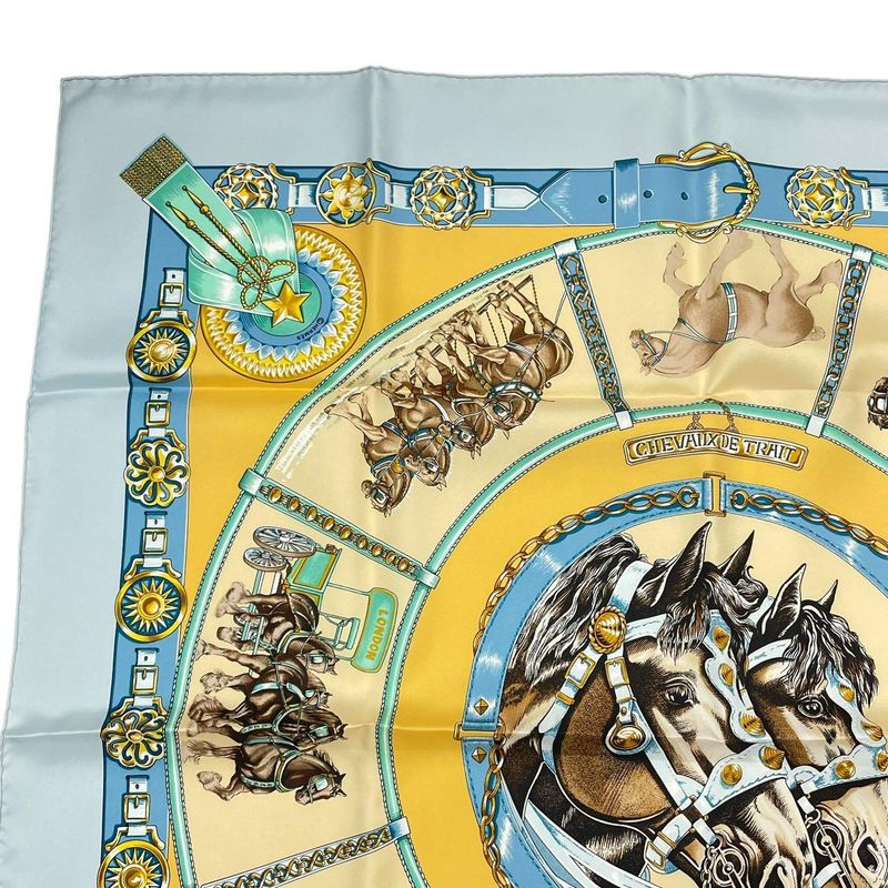 HERMES Carre 90 Chevaux DE Trait Horse Silk Scarf Blue