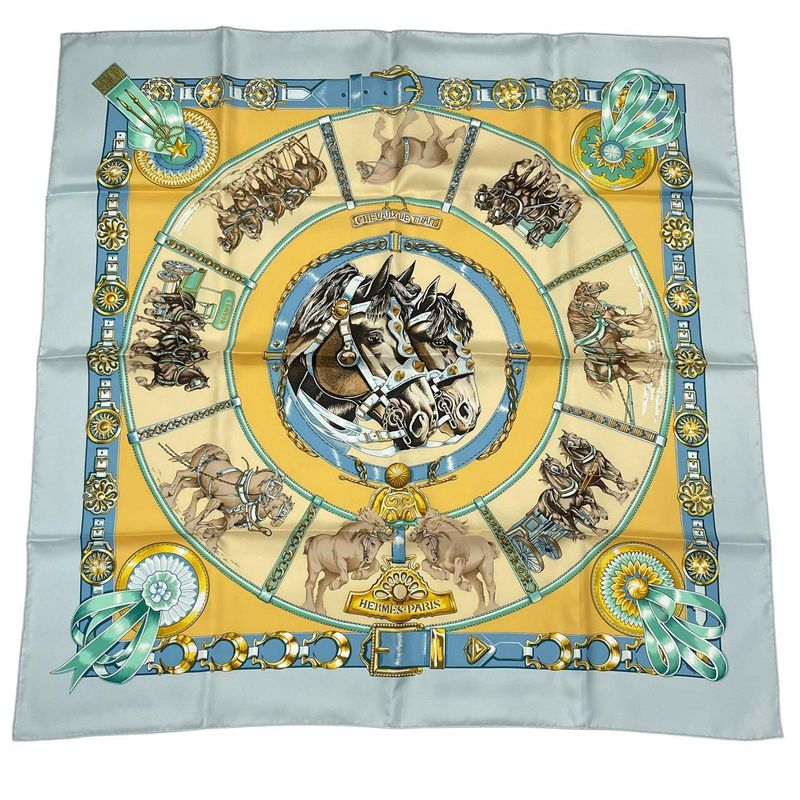 HERMES Carre 90 Chevaux DE Trait Horse Silk Scarf Blue