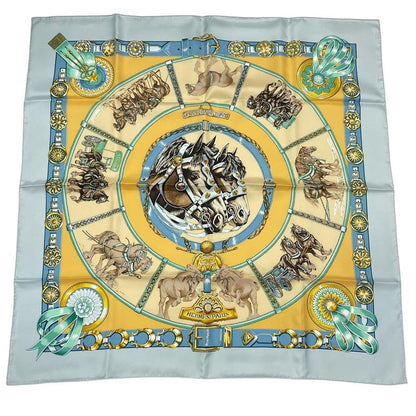 HERMES Carre 90 Chevaux DE Trait Horse Silk Scarf Blue