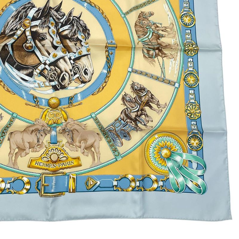 HERMES Carre 90 Chevaux DE Trait Horse Silk Scarf Blue