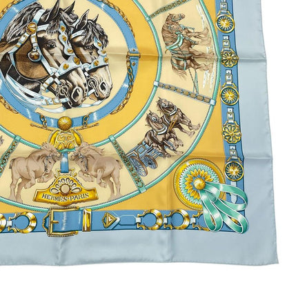 HERMES Carre 90 Chevaux DE Trait Horse Silk Scarf Blue