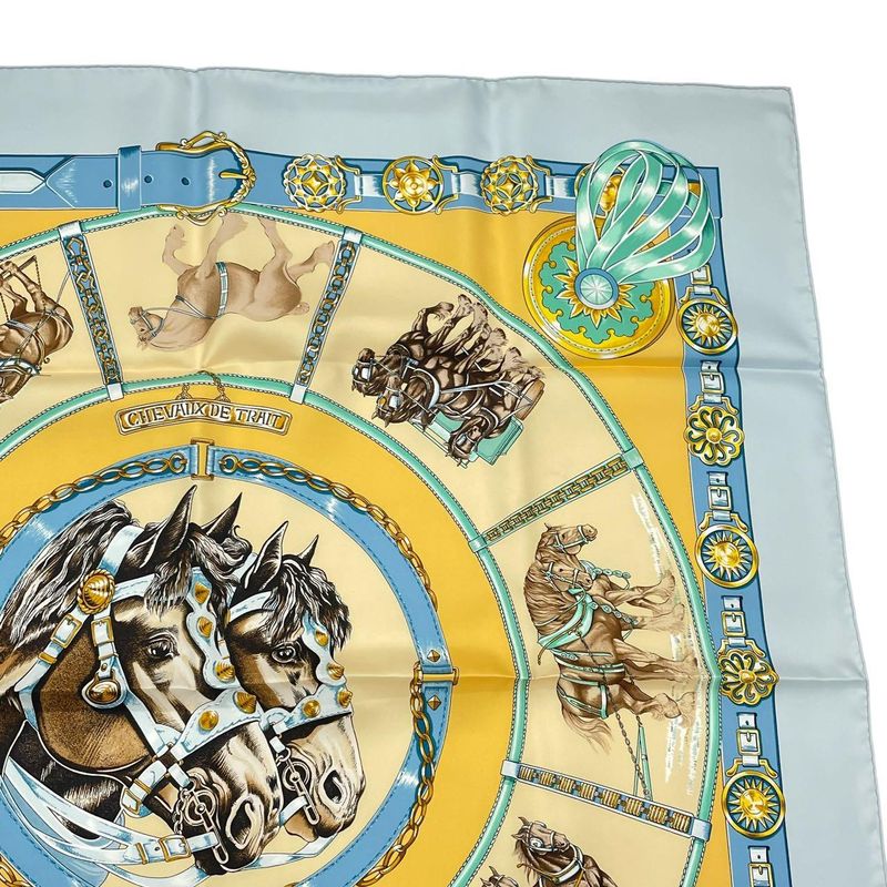 HERMES Carre 90 Chevaux DE Trait Horse Silk Scarf Blue