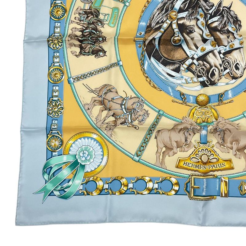 HERMES Carre 90 Chevaux DE Trait Horse Silk Scarf Blue