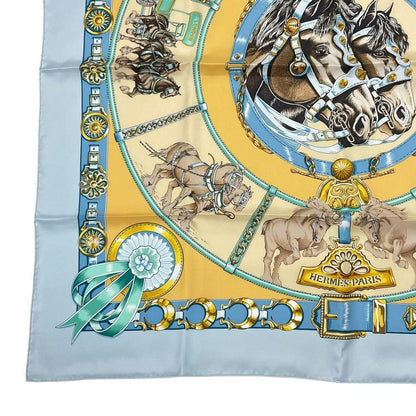 HERMES Carre 90 Chevaux DE Trait Horse Silk Scarf Blue