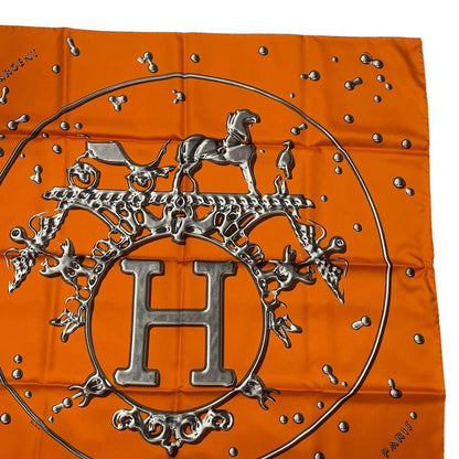 HERMES Carre 90 VIF Argent Silver Drop Scarf Silk Orange Box Included