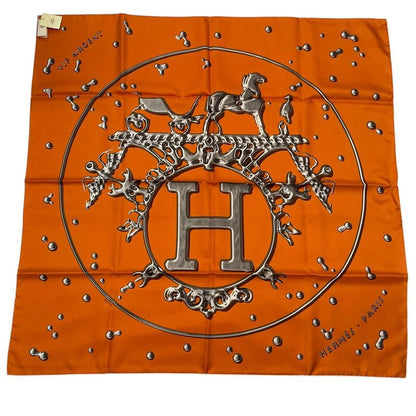 HERMES Carre 90 VIF Argent Silver Drop Scarf Silk Orange Box Included