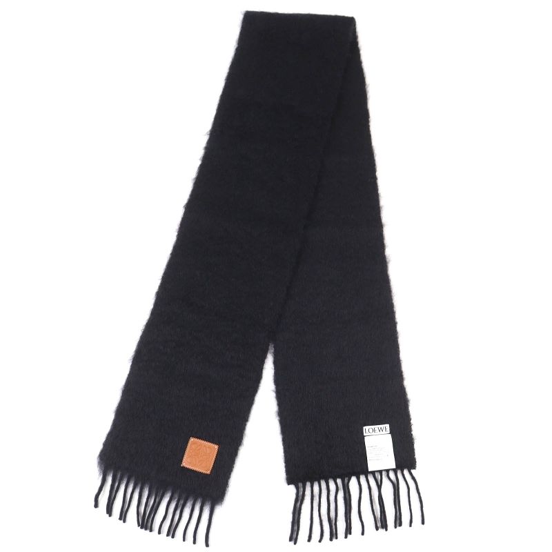 LOEWE Mohair Wool Anagram Leather Patch Long Muffler With Fringe - Black Made