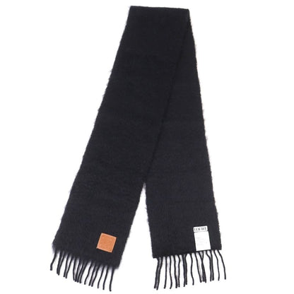 LOEWE Mohair Wool Anagram Leather Patch Long Muffler With Fringe - Black Made