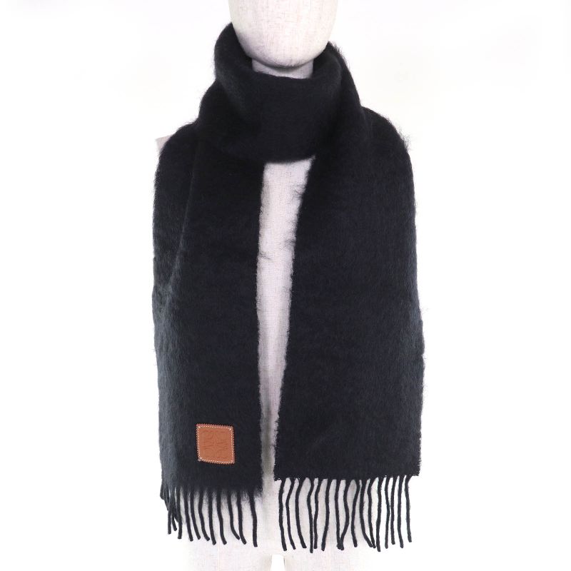 LOEWE Mohair Wool Anagram Leather Patch Long Muffler With Fringe - Black Made