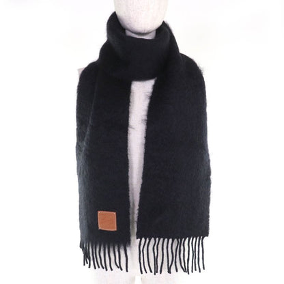 LOEWE Mohair Wool Anagram Leather Patch Long Muffler With Fringe - Black Made