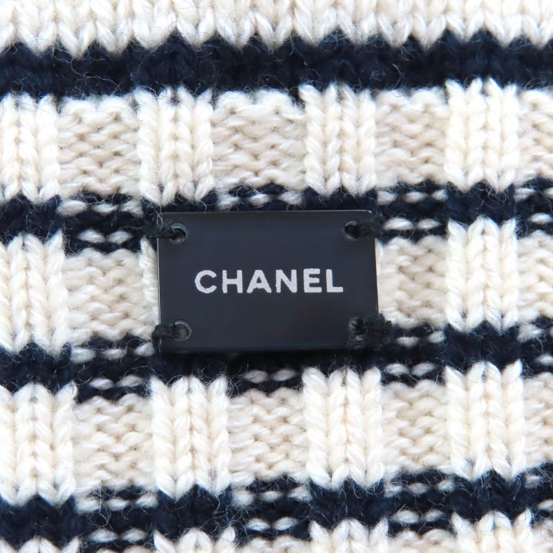 CHANEL Vintage 03P P21283 Cashmere Cotton Logo Plate Border Pattern V Neck