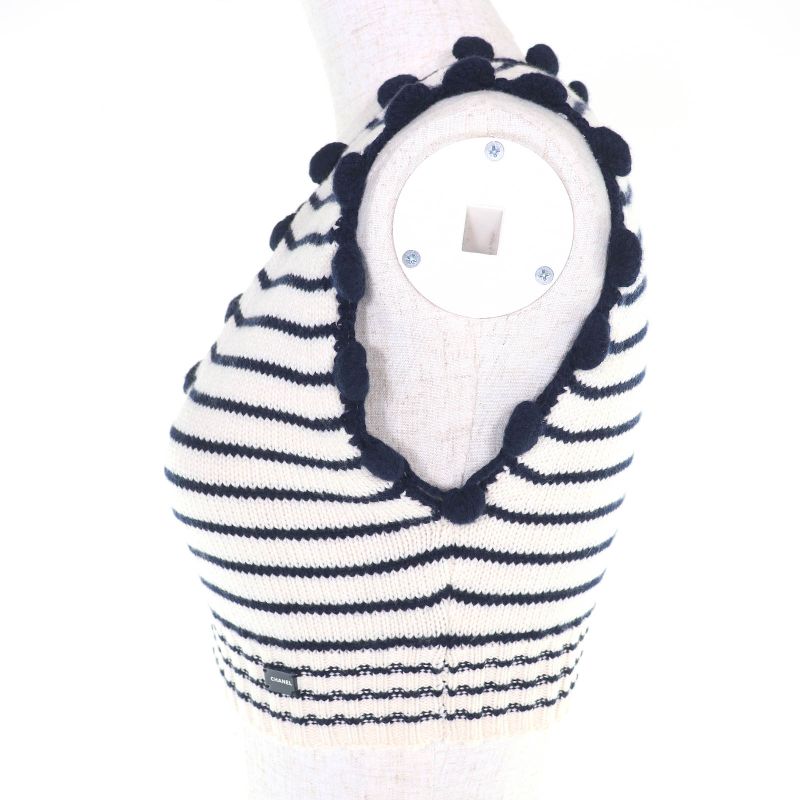 CHANEL Vintage 03P P21283 Cashmere Cotton Logo Plate Border Pattern V Neck