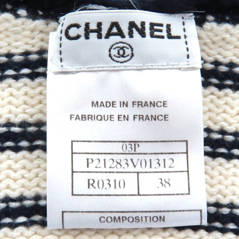 CHANEL Vintage 03P P21283 Cashmere Cotton Logo Plate Border Pattern V Neck