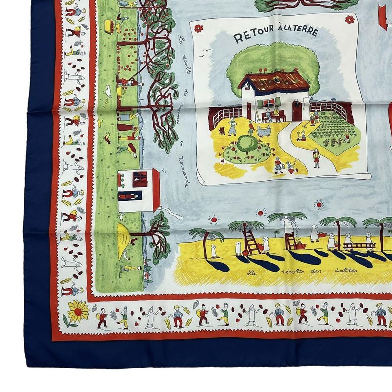 HERMES Carre 90 RE TOUR A LA Terre Return To Home Silk Scarf Navy