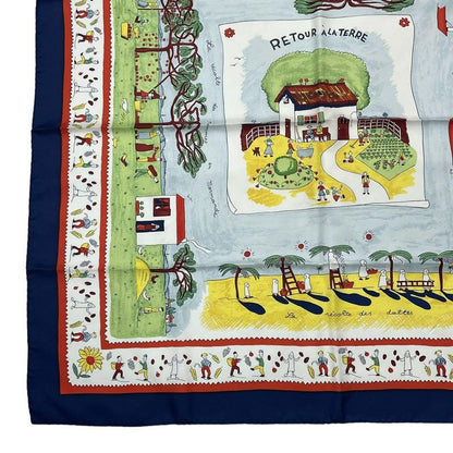 HERMES Carre 90 RE TOUR A LA Terre Return To Home Silk Scarf Navy