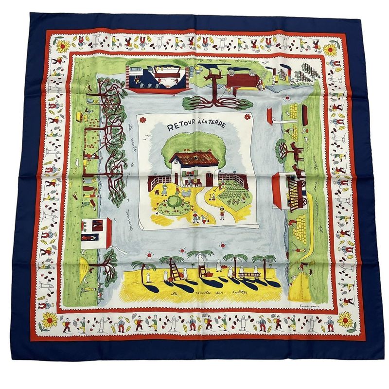 HERMES Carre 90 RE TOUR A LA Terre Return To Home Silk Scarf Navy