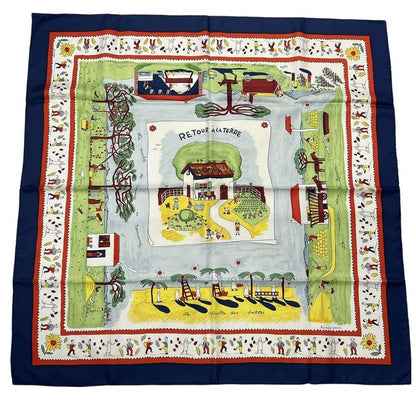 HERMES Carre 90 RE TOUR A LA Terre Return To Home Silk Scarf Navy