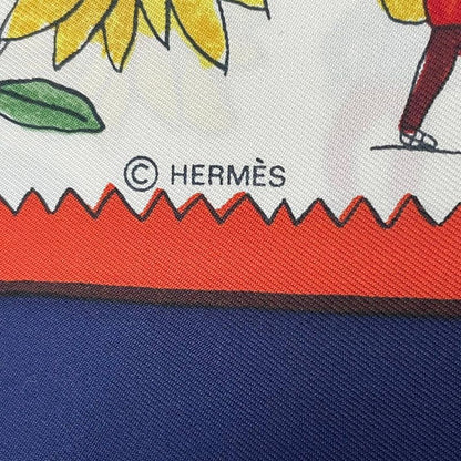 HERMES Carre 90 RE TOUR A LA Terre Return To Home Silk Scarf Navy