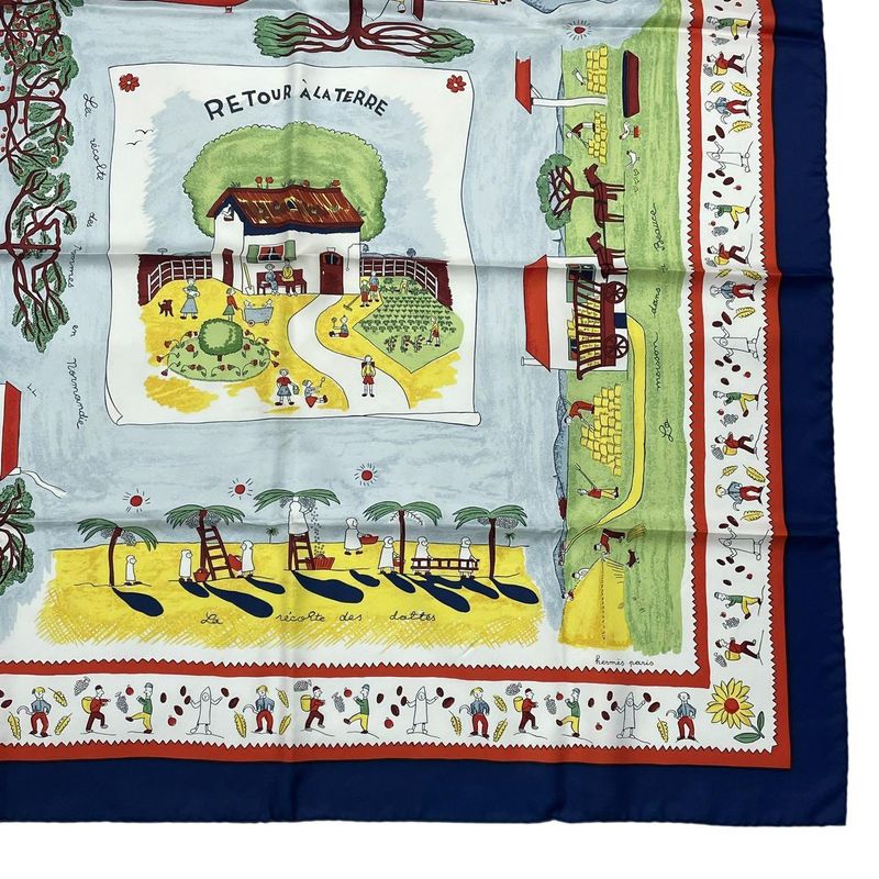 HERMES Carre 90 RE TOUR A LA Terre Return To Home Silk Scarf Navy