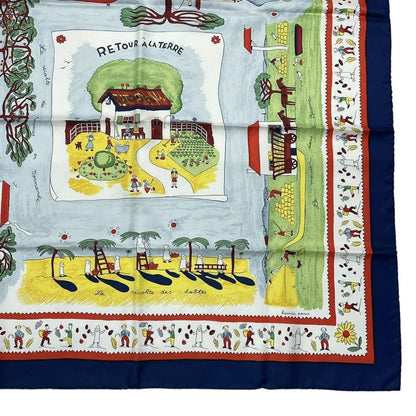 HERMES Carre 90 RE TOUR A LA Terre Return To Home Silk Scarf Navy