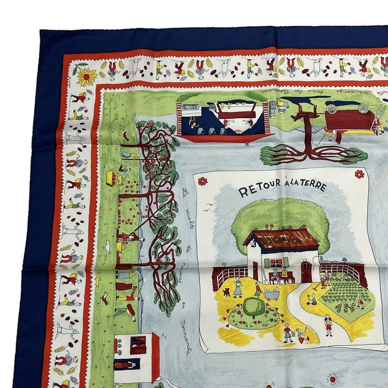 HERMES Carre 90 RE TOUR A LA Terre Return To Home Silk Scarf Navy