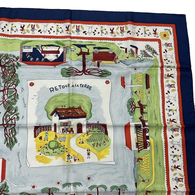 HERMES Carre 90 RE TOUR A LA Terre Return To Home Silk Scarf Navy