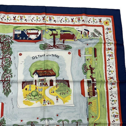 HERMES Carre 90 RE TOUR A LA Terre Return To Home Silk Scarf Navy