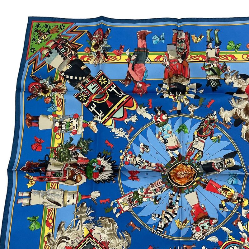HERMES Scarf Silk Carre 90 Kachinas Ethnic Blue - Box Included