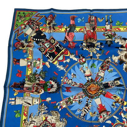 HERMES Scarf Silk Carre 90 Kachinas Ethnic Blue - Box Included