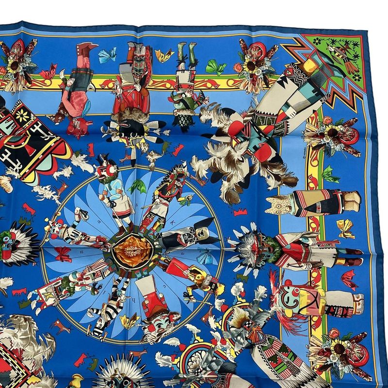 HERMES Scarf Silk Carre 90 Kachinas Ethnic Blue - Box Included