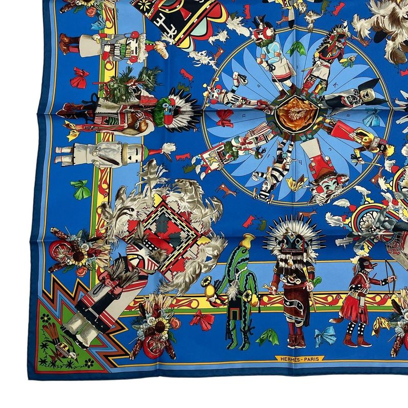 HERMES Scarf Silk Carre 90 Kachinas Ethnic Blue - Box Included
