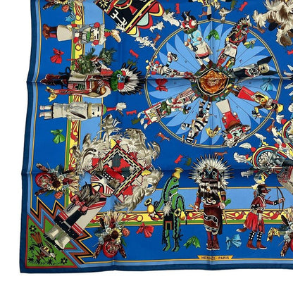 HERMES Scarf Silk Carre 90 Kachinas Ethnic Blue - Box Included