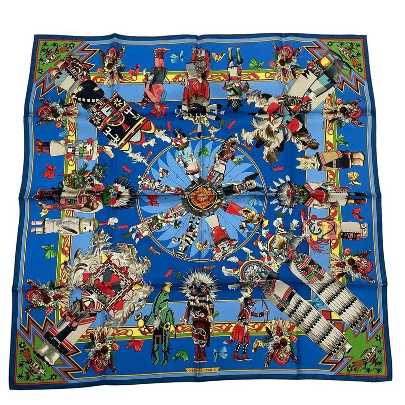 HERMES Scarf Silk Carre 90 Kachinas Ethnic Blue - Box Included