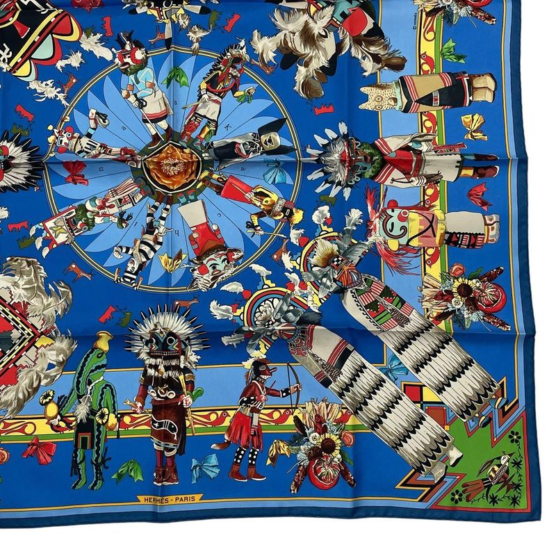 HERMES Scarf Silk Carre 90 Kachinas Ethnic Blue - Box Included