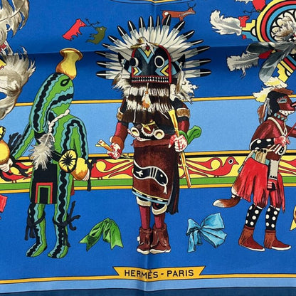 HERMES Scarf Silk Carre 90 Kachinas Ethnic Blue - Box Included