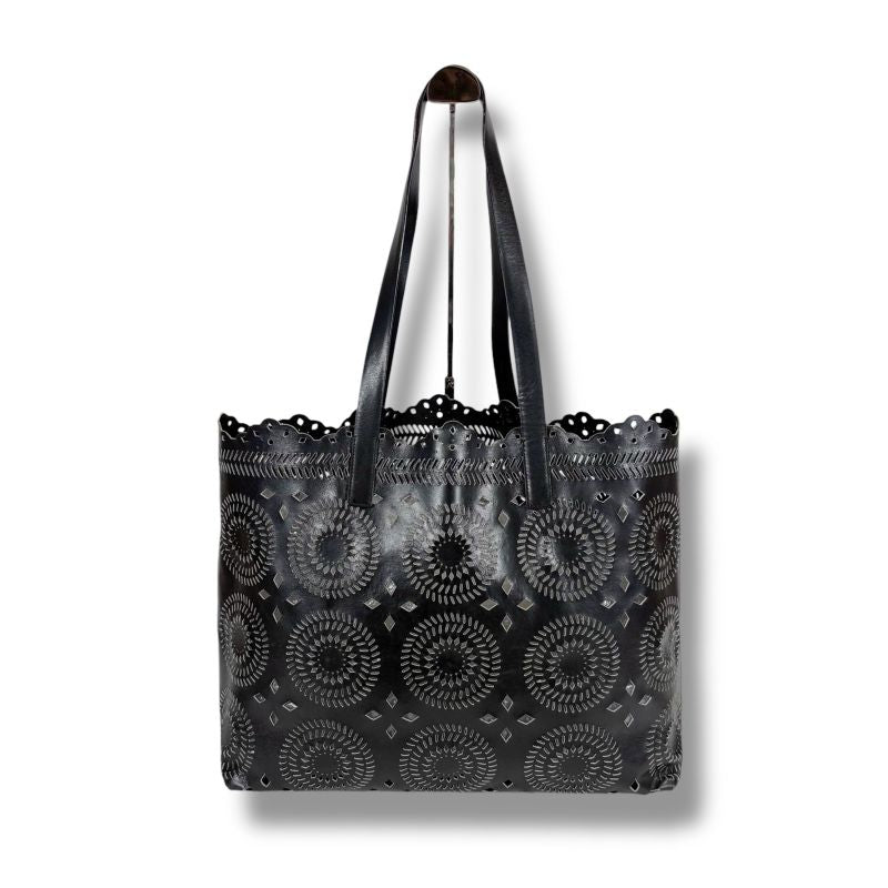 PRADA Punching Leather Tote Bag With Pouch Cutwork Black Leather