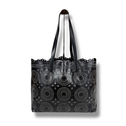 PRADA Punching Leather Tote Bag With Pouch Cutwork Black Leather