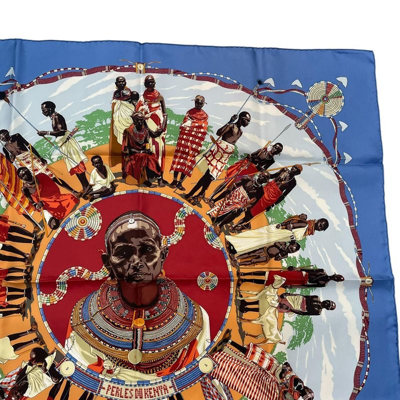 HERMES Carre 90 Silk Scarf Perles DU Kenya Pearls Of Kenya Blue - Box Included